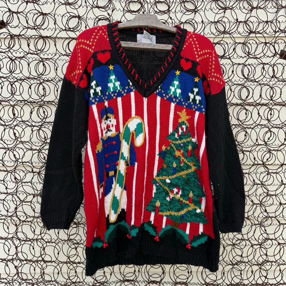 Vintage 90s Spice of Life Gaudy Nutcracker Christmas Tree Holiday Sweater MEDIUM